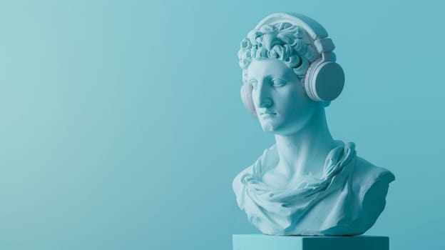 Classical statue of Apollo wearing modern headphones.