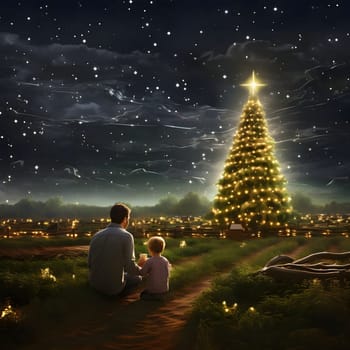 A father and his son in a clearing, observing a large Christmas tree with illuminated lights at night. Xmas tree as a symbol of Christmas of the birth of the Savior. A time of joy and celebration.