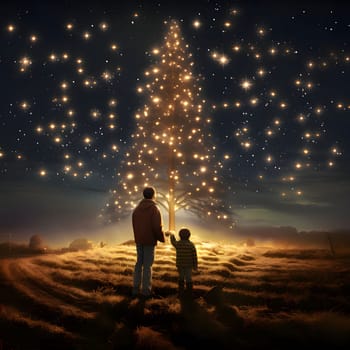 A father and his son in a clearing, observing a large Christmas tree with illuminated lights at night. Xmas tree as a symbol of Christmas of the birth of the Savior. A time of joy and celebration.