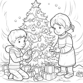 Two children tuning a Christmas tree, all around gifts a card from a Black and White coloring book. Xmas tree as a symbol of Christmas of the birth of the Savior. A time of joy and celebration.