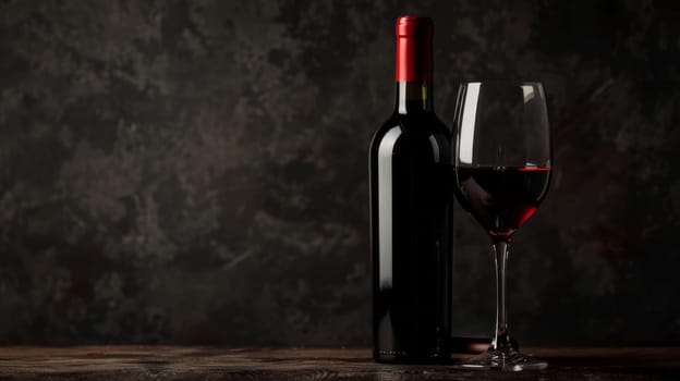 A glass filled with red wine sits next to a bottle of wine on a table. The rich color of the wine contrasts with the clear glass, while the bottles label adds a touch of elegance.