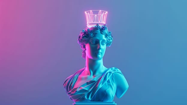 Neon-lit statue of a classical bust with a crown.