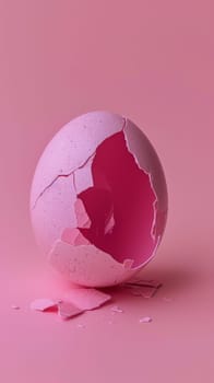 A cracked egg shell lies on a soft pink background. The fragments of the shell are scattered around, showing the impact of the breakage. The contrast between the delicate shell and vibrant background is striking.