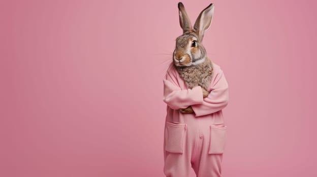 Person in Pink Bunny Costume on Pink Background.