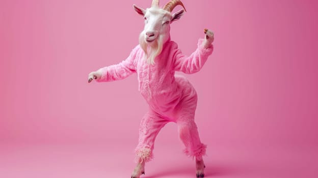 Goat in a Pink Suit Standing on Its Hind Legs.