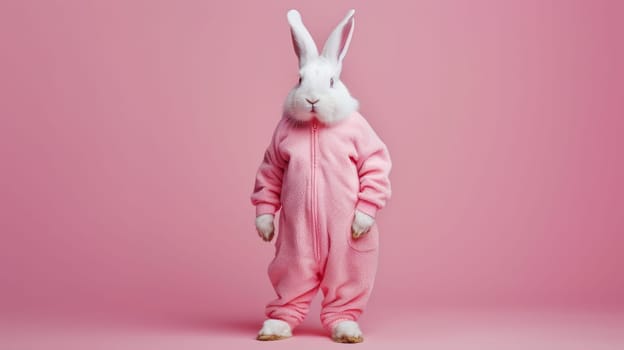 White Rabbit in Pink Outfit on Pink Background.