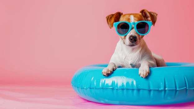 Dog wearing sunglasses on a blue inflatable ring.