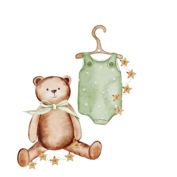 Baby clothes watercolor. Children's bodysuit and a teddy bear with a garland hand drawing isolated on white background. Clip art romper in pastel colors on a wooden hanger. For the design of children's cards and baby shower invitations. High quality illustration