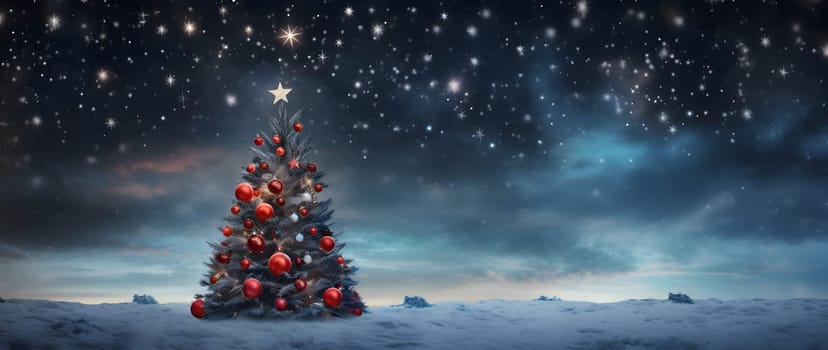 Christmas tree decorated with red baubles, stars in the sky, dawn, winter landscape.Christmas banner with space for your own content. Blank field for the inscription.