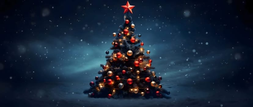 Christmas tree decorated with red baubles, stars in the sky, dawn, winter landscape.Christmas banner with space for your own content. Blank field for the inscription.