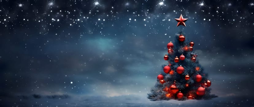 Christmas tree decorated with red baubles, stars in the sky, dawn, winter landscape.Christmas banner with space for your own content. Blank field for the inscription.