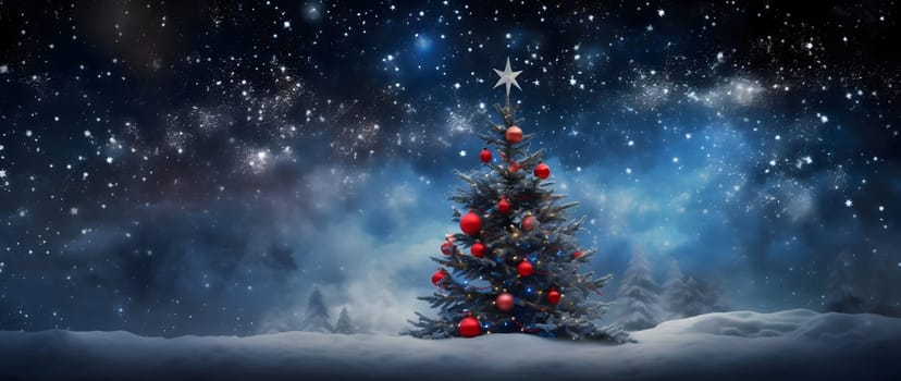 Christmas tree decorated with red baubles, stars in the sky, dawn, winter landscape.Christmas banner with space for your own content. Blank field for the inscription.