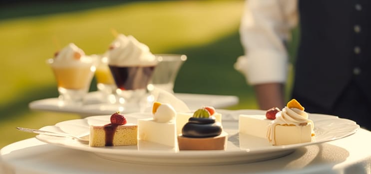 Luxury food service, desserts by a waiter at a wedding celebration or formal event in classic English style at luxurious hotel or country estate, post-processed, generative ai