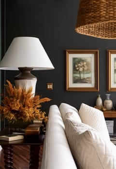 Autumnal home decor and interior design, furniture and interior decoration accessories, soft furnishings, upholstery and textiles in English country house and elegant cottage style, post-processed, generative ai