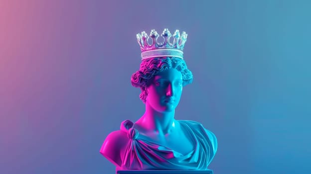 Neon-lit bust of classical statue with crown.