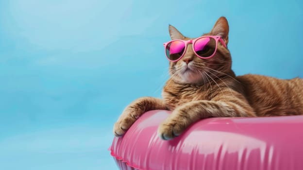Orange cat with pink sunglasses lounging on a pink inflatable ring against a blue background.