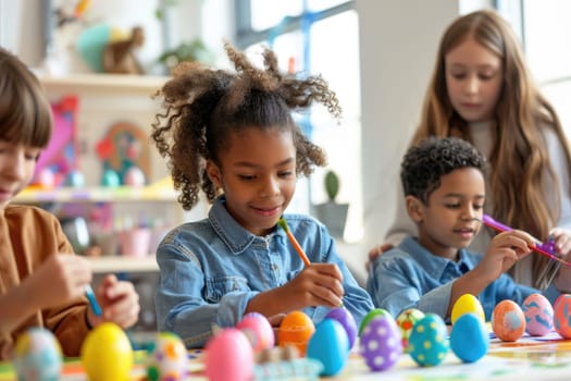 children painting Easter eggs at a crafting table