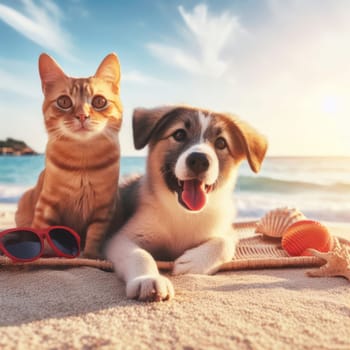 Cat and dog sit together on a beach at sunset, surrounded by seashells and sunglasses, depicting friendship and relaxation