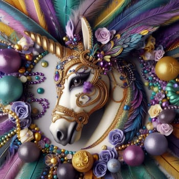 A vibrant image of a unicorn head sculpture, adorned with colorful feathers, beads, and flowers against a white background