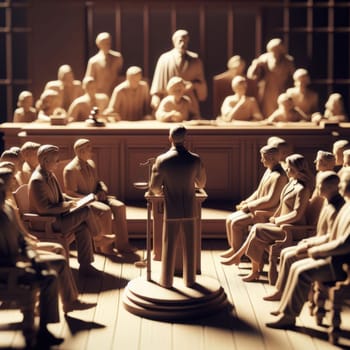 Miniature courtroom scene with judge addressing diverse jury and spectators in the background