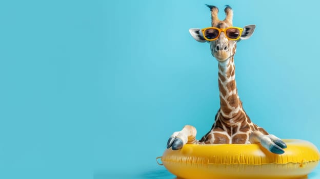Giraffe wearing sunglasses floating on a yellow pool ring.