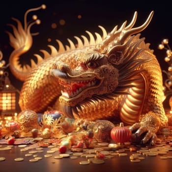 Sculpture fierce golden dragon, snarling atop a pile of gold coins and treasures