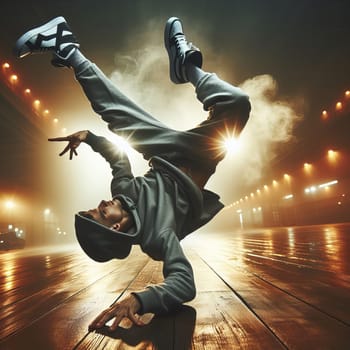 A dynamic image capturing a young man's breakdance performance on a wooden floor, enhanced by dramatic lighting and smoke effects