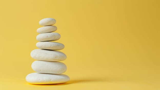 Stack of smooth white stones on yellow background.