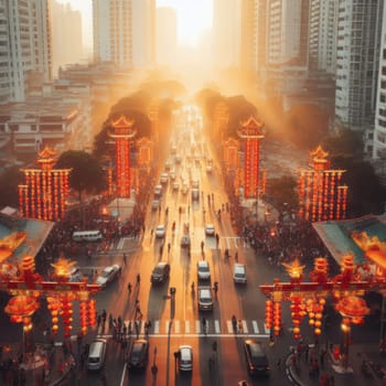 Sunset over a bustling city street adorned with vibrant, traditional Chinese lanterns and decorations
