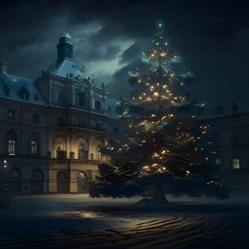 Christmas tree in front of a large mansion at night.Christmas banner with space for your own content. Blank field for the inscription.