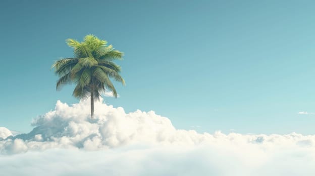 Palm tree on a cloud against a clear blue sky.