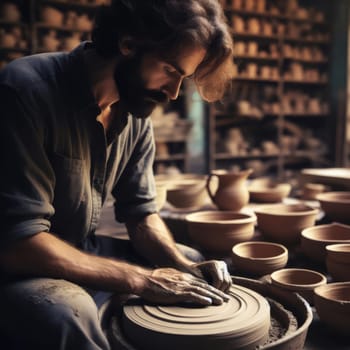 Artisan shaping pottery on a wheel, surrounded by ceramic pieces in a cozy, sunlit workshop