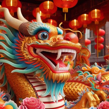 A vibrant image of a colorful dragon statue, with an open mouth and sharp teeth, set against a backdrop of red lanterns