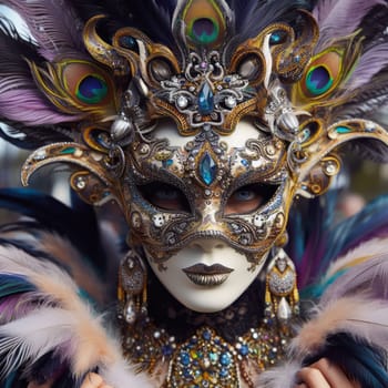 Woman adorned in a colorful and ornate peacock feather headdress and costume for holiday festival