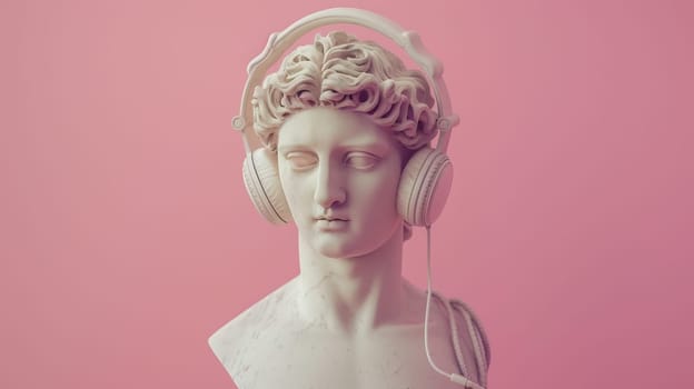 Classical statue with headphones on pink background.