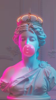Bust of a classical statue with a glowing neon crown and bubble gum.
