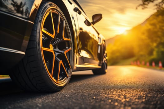 close up sport car photography capturing motion blur, reflections, close up view of a car wheel
