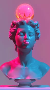 Colorful modern bust statue with a pink gum bubble and crown.