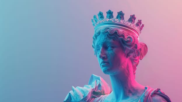 Colorful neon lighting on classical sculpture with a crown.