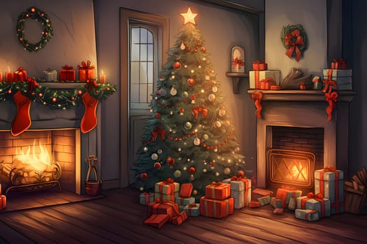 Illustration of Christmas tree presents fireplace inside the house. Xmas tree as a symbol of Christmas of the birth of the Savior. A time of joy and celebration.