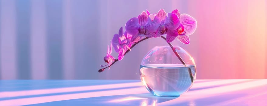 Purple orchid in a glass vase with colorful lighting.