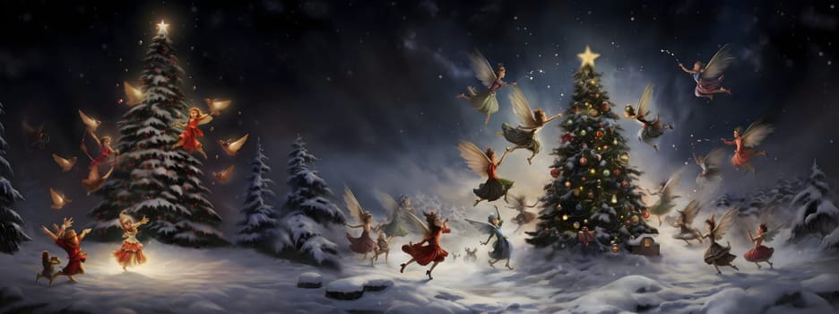 Jumping elves to the Christmas tree circle in a winter climate. Xmas tree as a symbol of Christmas of the birth of the Savior. A time of joy and celebration.