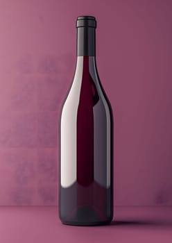 A bottle of red wine, made of glass and composite material, is placed on a magenta table. The glass bottle has a stopper to save the drink for later