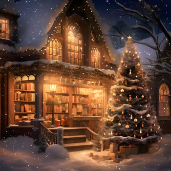 Illustration of a Christmas tree in front of the entrance to the library winter landscape at night. Xmas tree as a symbol of Christmas of the birth of the Savior. A time of joy and celebration.