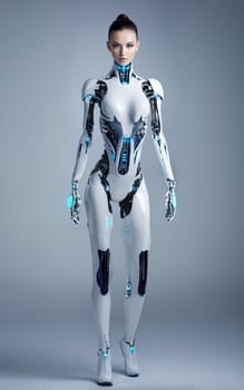 Futuristic robot with girl face, humanoid body and blue accents, standing in front of a gray background