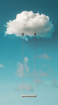 Swing hanging from a cloud in a clear blue sky.