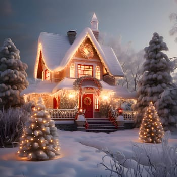 A small house covered with snow around a pine tree and two Christmas trees with lights. Xmas tree as a symbol of Christmas of the birth of the Savior. A time of joy and celebration.