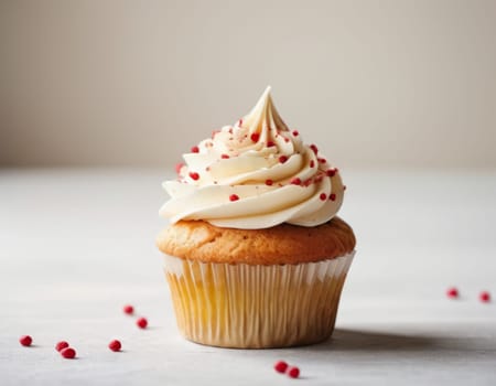 A vanilla cupcake with white frosting and red sprinkles on a white background