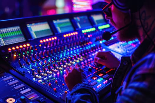 A sound engineer intently adjusts knobs and buttons on a large mixing console