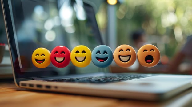 Laptop Computer on Wooden Table With Emoji Icons.